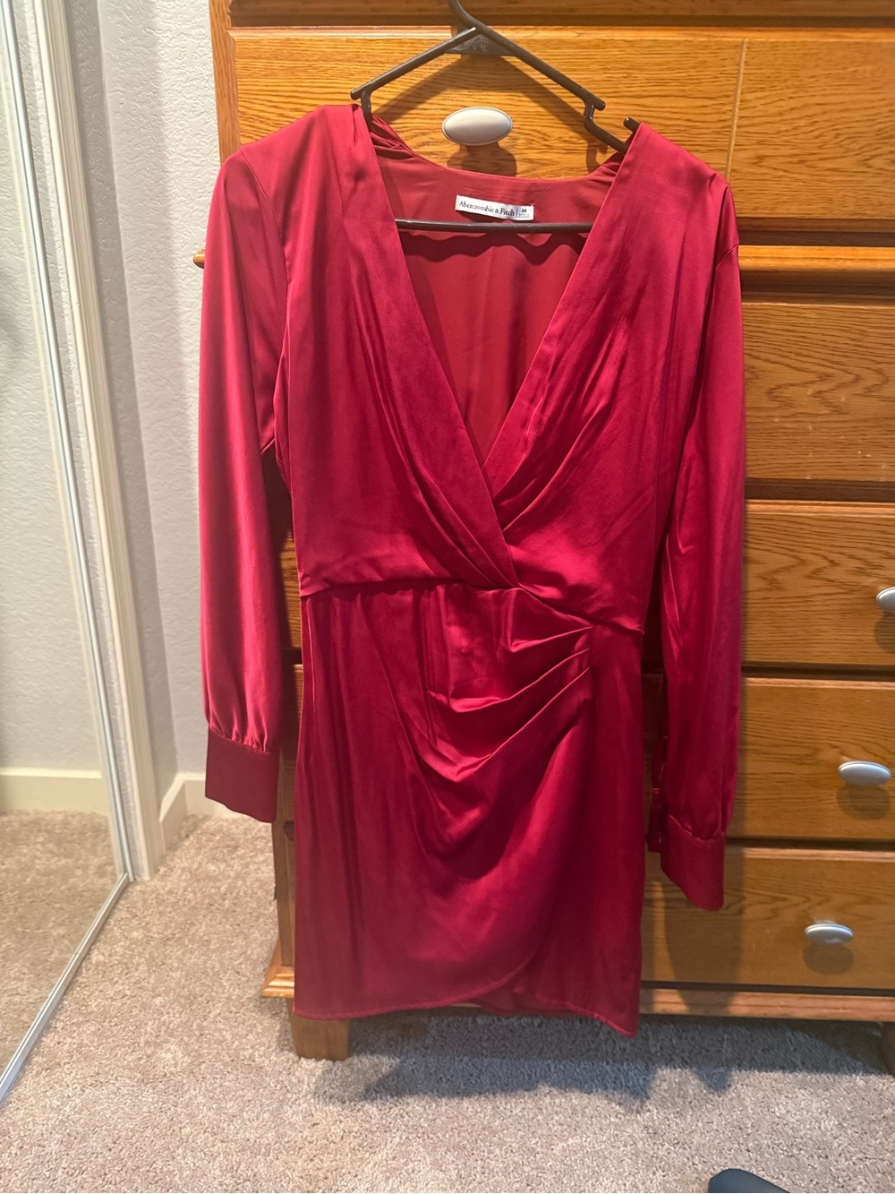 Abercrombie & Fitch Red Satin Long-Sleeve Wrap Dress